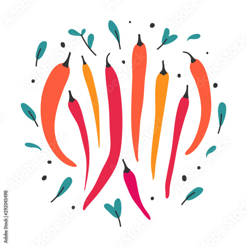 chili peppers. Vector illustration of red hot peppers isolated on white background. Spice vegetable in various color and shape, cooking ingredient made as collection of modern hand drawn icons.
