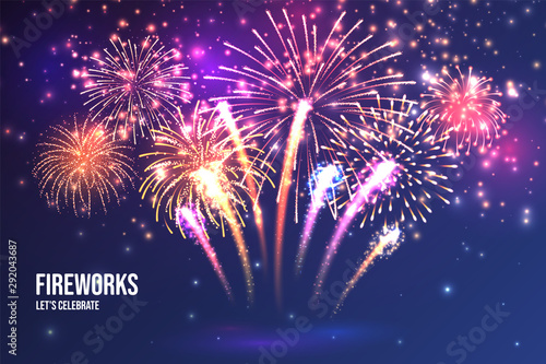 Festive fireworks. Realistic colorful firework on blue abstract background. Multicolored explosion. Christmas or New Year greeting card. Diwali festival of lights. Vector illustration.