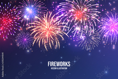 Festive fireworks. Realistic colorful firework on blue abstract background. Multicolored explosion. Christmas or New Year greeting card. Diwali festival of lights. Vector illustration.