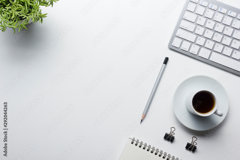 Office desk table with supplies. Flat lay Business workplace and objects. Top view. Copy space for text Office desk table with supplies. Flat lay Business workplace and objects. Top view. Copy space for text