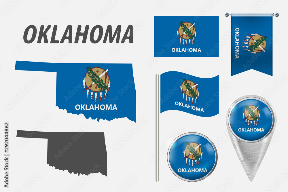 OKLAHOMA. Set of national infographics elements with various flags, detailed maps, pointer, button and different shapes badges. Patriotic 3d symbols for Sport, Patriotic, Travel, Design, Template