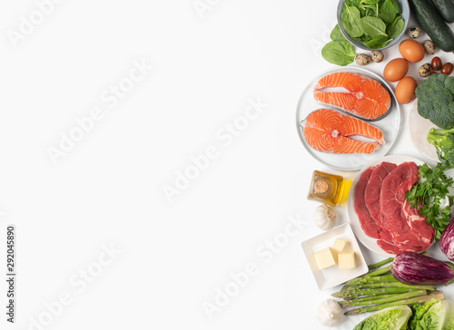 Atkins Diet food ingredients isolated on white, health concept, top view with copy space photo