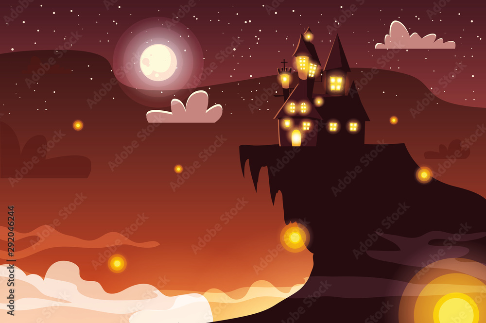 Fototapeta premium scary castle with moon in scene of halloween