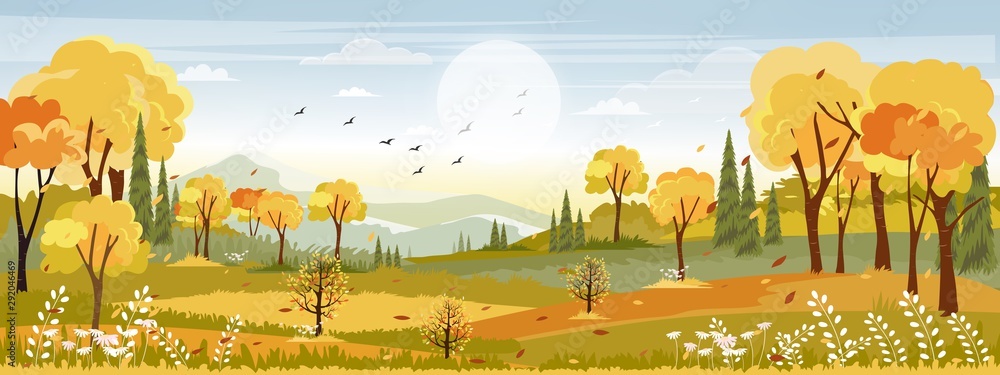 Fototapeta Panorama krajobrazy wsi na jesieni, panoramiczne połowy jesieni z polem uprawnym, górami, dziką trawą i liśćmi opadającymi z drzew w żółtych liściach. Krajobraz krainy czarów w sezonie jesiennym