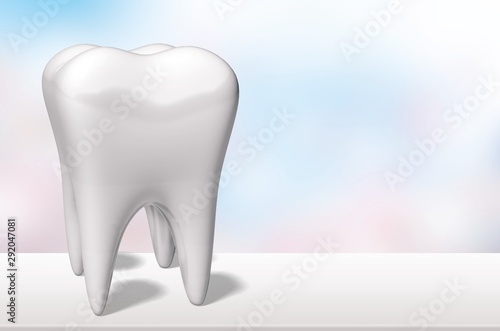 Big tooth and dentist mirror  health concept on bokeh background