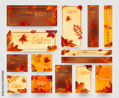 Colorful autumn leaves and berries, sale banner set with frame, autumn forest webb banner templates.