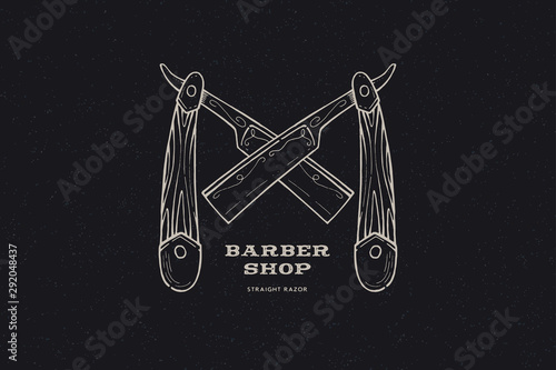 Hand drawn crossed straight razors. Vintage label, hand drawn on the theme of Barber shop and shave. Monochrome linear style. Vector illustration.