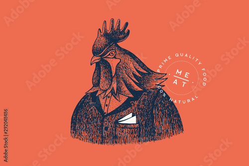 Graphically hand drawn rooster in a suit on a red background. Retro engraving with farm animals for restaurant menus, for packaging in markets and in shops. Vector vintage illustration.