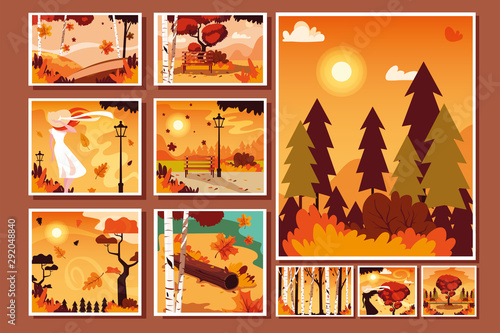 set of cards with autumn landscape scenes