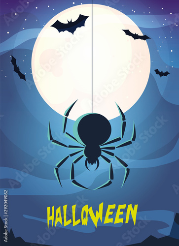 creepy spider animal with label of halloween