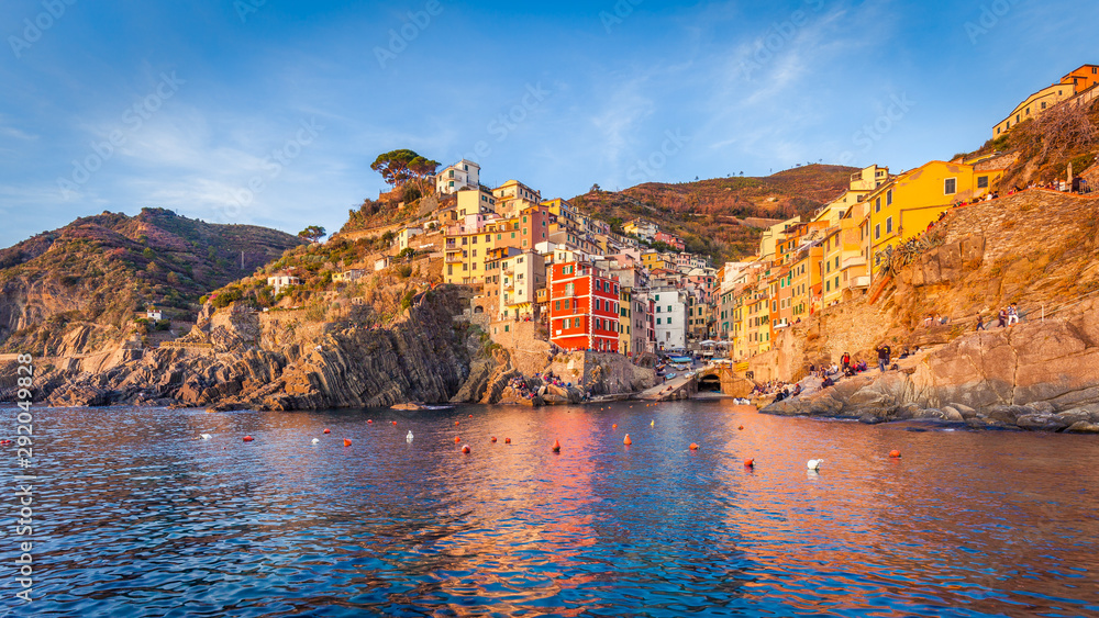 Scenic view of Riomaggiore and its colorful houses, Cinque Terre National Park, Ligura, Italy