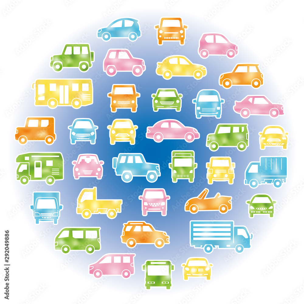 色々な車のサークル状アイコンギャラリー 水彩風シルエット 白フチあり Stock Vector Adobe Stock