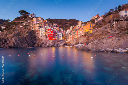 Scenic view of Riomaggiore and its colorful houses, Cinque Terre National Park, Ligura, Italy