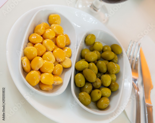 Marinated olives and pickled lupini beans