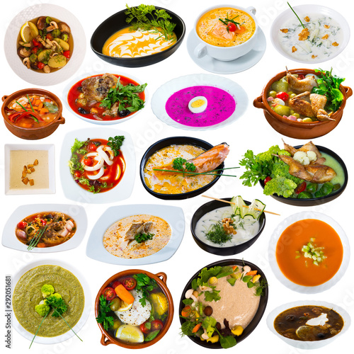 Collage of different soups isolated