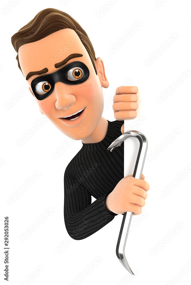 3d thief behind left wall and holding crowbar 3d thief behind left wall and holding crowbar