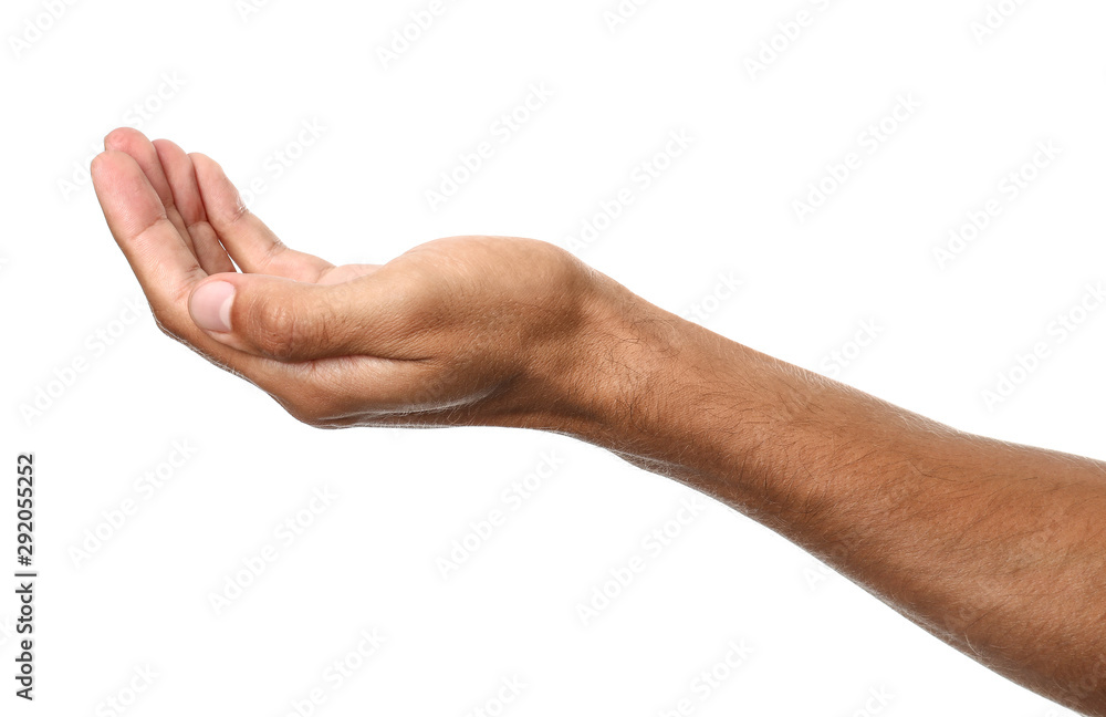 Male hand holding something on white background Male hand holding something on white background
