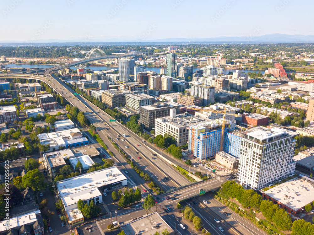 Downtown Portland city traffic aerial landscape views