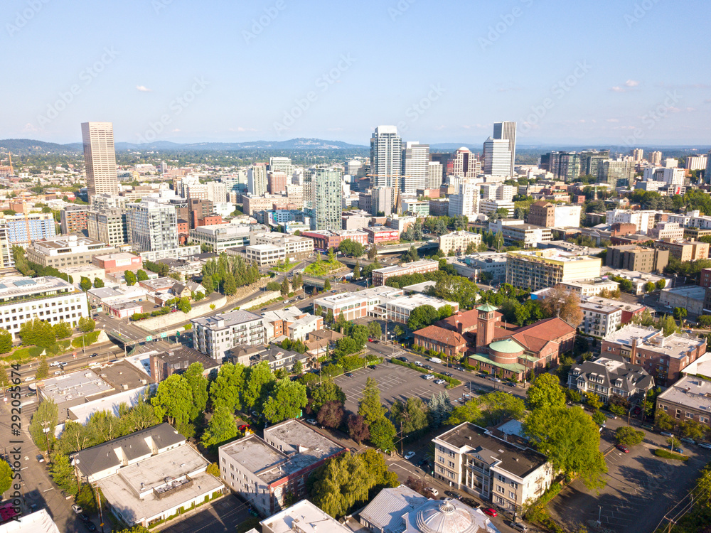 Portland city sunset aerial urban landscape views
