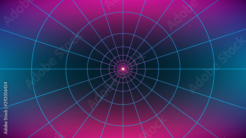 Synthwave style background. Retro futuristic backdrop with polar perspective grid. Bright dot in center. Geometric sci-fi template. 80s cyberpunk illustration