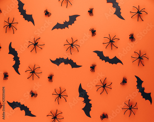 Halloween concept. Decorations on the orange background. Flat lay, top view, copy space © anatoliycherkas