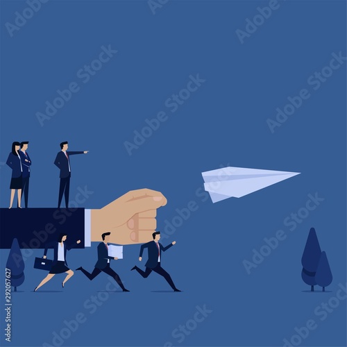 Business flat vector concept team run to paper plan metaphor of follow instruction.