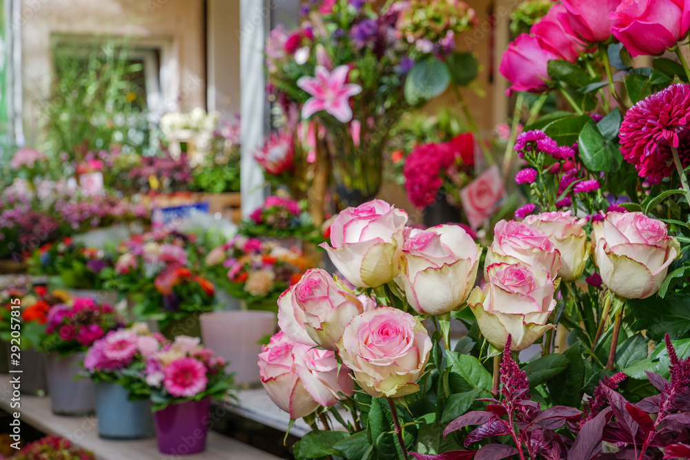 Close up view of colourful pink and white rose blooming flowers which are sold at open air flower stall or floral shop located in outdoor market in Europe. Typical atmosphere of flower store.   