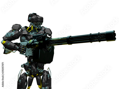 mechanical soldier holding a machine gun