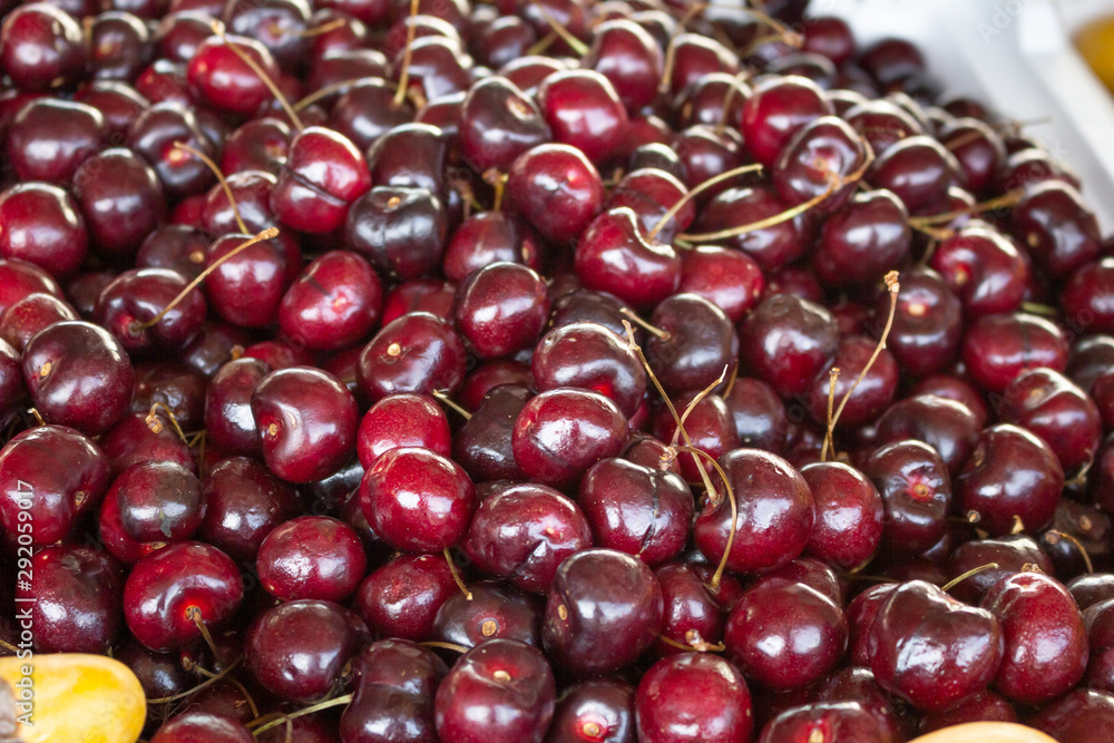 A background of sweet cherries on display at a local farmers market. A background of sweet cherries on display at a local farmers market.