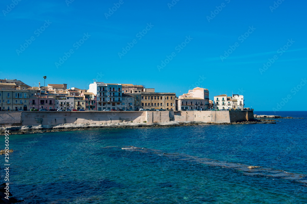 The sea wall protecting the island of Ortygia at Syracuse on the Italian island of Siciy