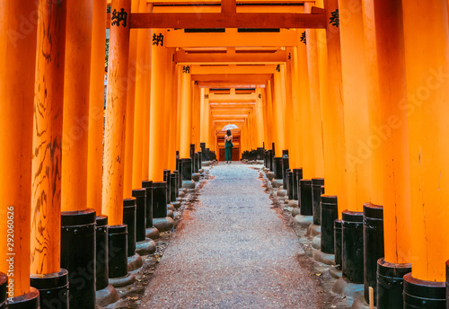 One of the main highlight in Japan and the most popular destination. This is a corridor made of tori gates. Orange tunnel. In the end standing lady, she is wearing dress and holding white umbrella.