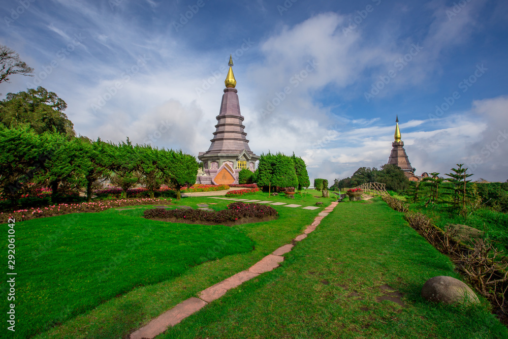 Background view of close-up tourist attractions, Landmark in Chiang Mai, near Doi Inthanon (Pra Mahatat Noppamethanedon and Pra Mahatat Nopphonphusiri), Thailand.