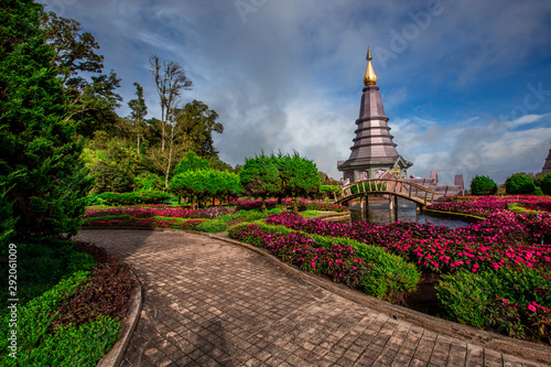 Background view of close-up tourist attractions, Landmark in Chiang Mai, near Doi Inthanon (Pra Mahatat Noppamethanedon and Pra Mahatat Nopphonphusiri), Thailand. © bangprik