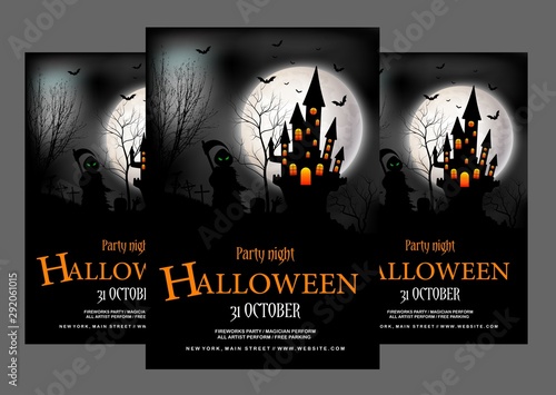 Halloween party flyer template with grim reaper holding a scythe on mysterious moon background