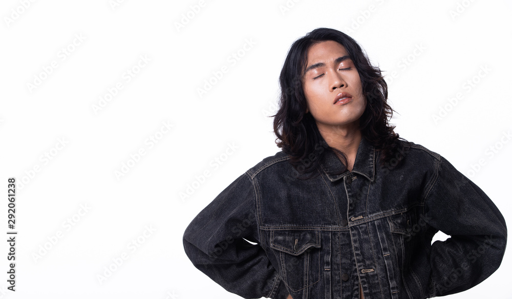 Fashion Stylish boy pose acting in Jean Jacket, he has black hair and slim body. Studio shooting over gray background isolated in Collage group pack of three Fashion Stylish boy pose acting in Jean Jacket, he has black hair and slim body. Studio shooting over gray background isolated in Collage group pack of three