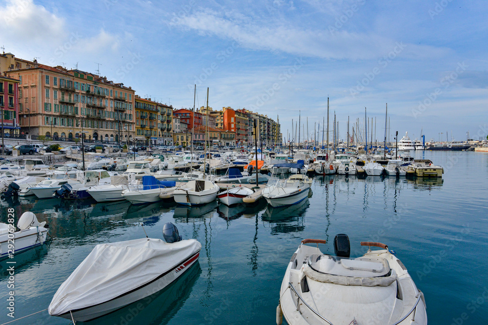 Fototapeta premium View of the boats moored up at the Old Port at Nice, France.
