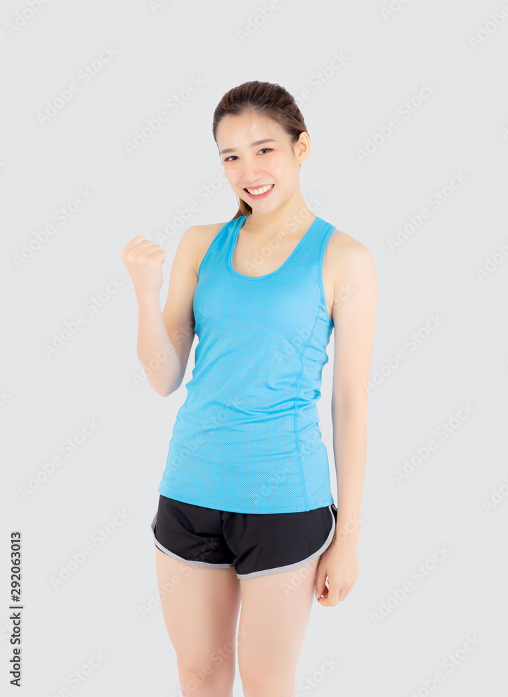 Beautiful portrait young asian woman in sport excited and success satisfied and confident isolated on white background, asia girl glad have shape and wellness, exercise for fit with health concept. Beautiful portrait young asian woman in sport excited and success satisfied and confident isolated on white background, asia girl glad have shape and wellness, exercise for fit with health concept.