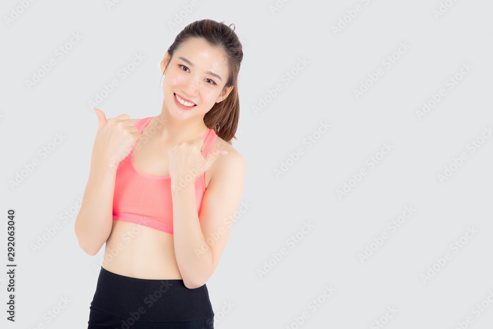 Beautiful portrait young asian woman in sport clothes with satisfied and confident isolated on white background, asia girl cheerful have shape and wellness, exercise for fit with health concept.