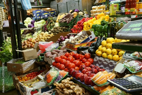 Market stall with colorful fruits and vegetable 