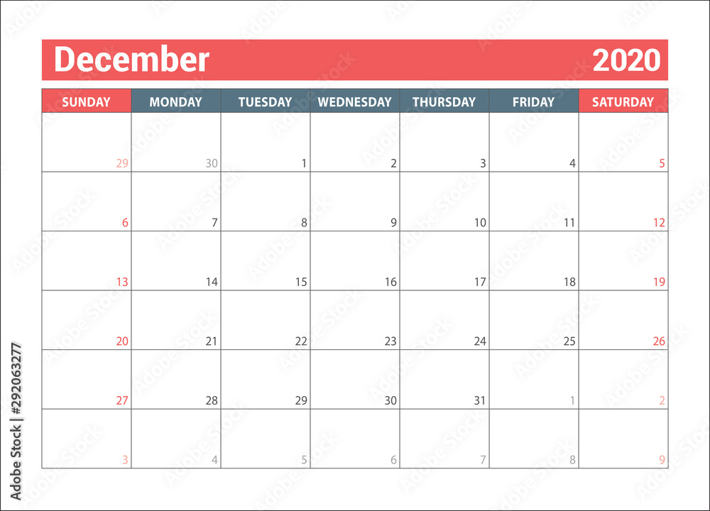 December 2020. Horizontal planner. English calendar. Сolor vector ...