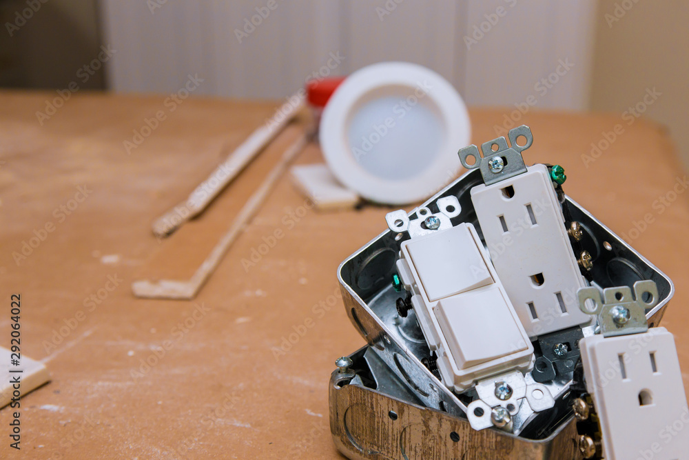 Electrical socket and switch close-up on installation, replacement Electrical socket and switch close-up on installation, replacement