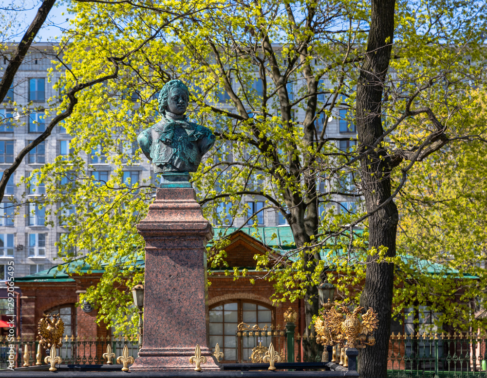 Bronze bust of Peter the Great in front of his cabin in St. Petersburg, Russia.