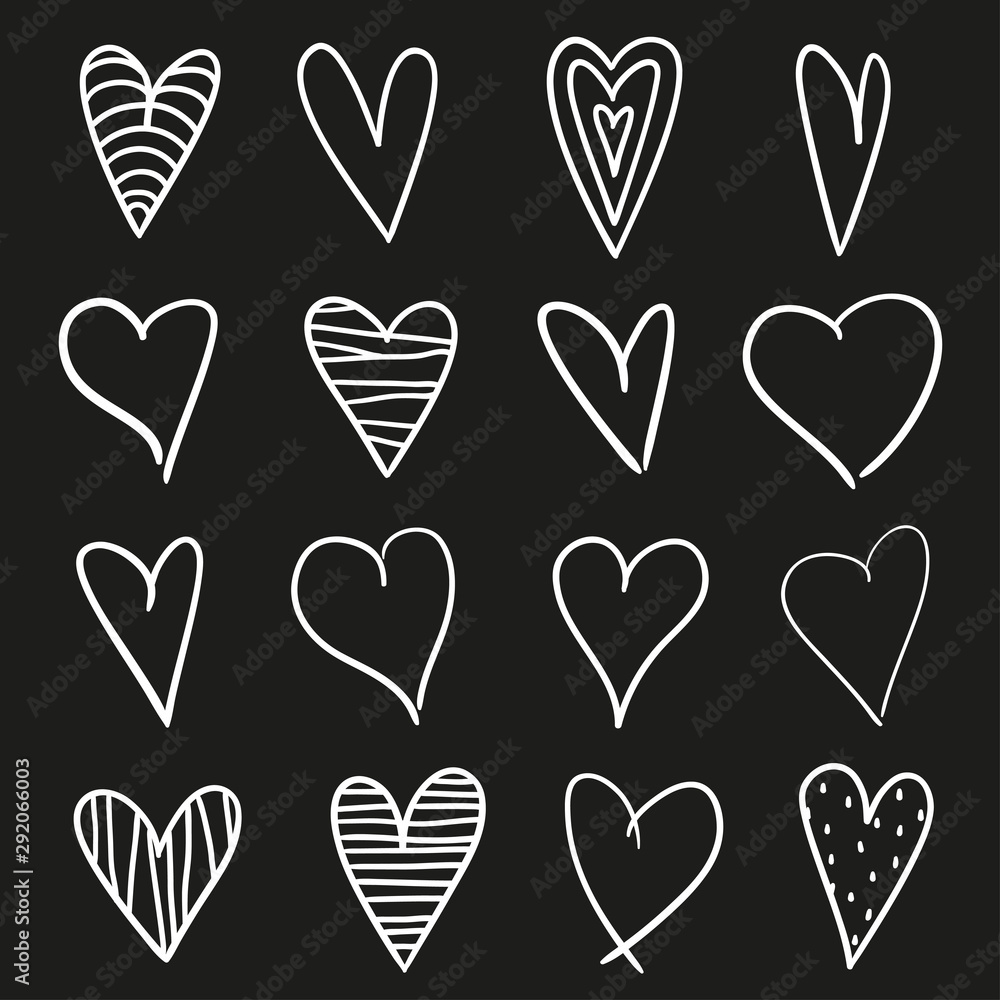 Hand drawn abstract hearts on black background. Sketchy illustration for design. Line art creation. Black and white illustration Hand drawn abstract hearts on black background. Sketchy illustration for design. Line art creation. Black and white illustration