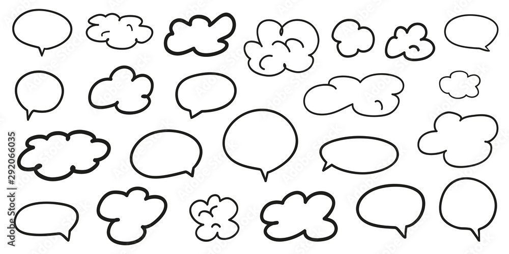 Hand drawn infographic elements on isolation background. Abstract clouds. Set of think and talk speech bubbles. Doodles on white. Black and white illustration Hand drawn infographic elements on isolation background. Abstract clouds. Set of think and talk speech bubbles. Doodles on white. Black and white illustration