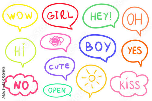 Set of different colorful speech bubbles. Hand drawn frames. Line art. Colorful illustration