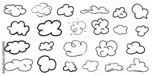 Clouds on isolation background. Doodles on white. Hand drawn line art. Black and white illustration