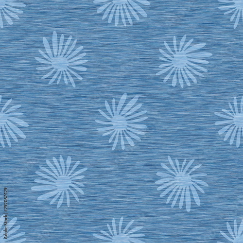 Light blue denim marl seamless pattern with patterned daisy. Jeans bleached texture fabric textile. Vector dyed cotton melange t shirt all over print.