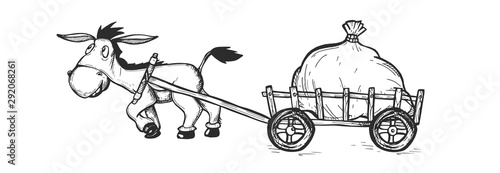 Donkey drags a heavy bag. Vector graphics. hand drawing. Sketch