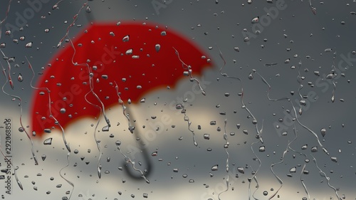 3D rendering of a defocused red umbrella behind a window with raindrops