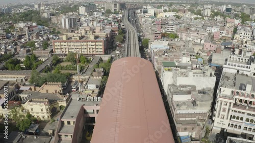 4K Aerial Drone Video of metro Train Station In Jaipur Rajasthan India. photo